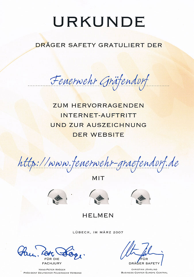 Auszeichnung beim Drger Safety-Feuerwehr-Website-Wettbewerb 2007